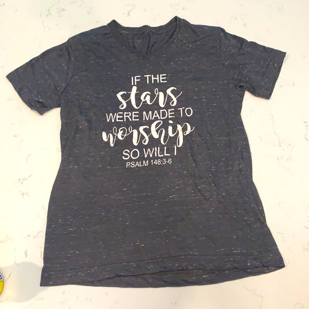 made with heat press. v-neck. size small.